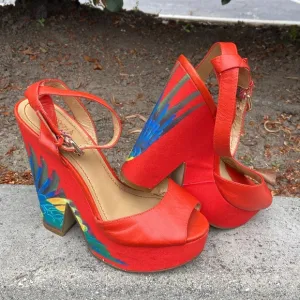 NINE WEST BRAZIL ORANGE LEATHER HEELS PLATFORM SANDALS HEELS SZ 7 POPPY FLORAL