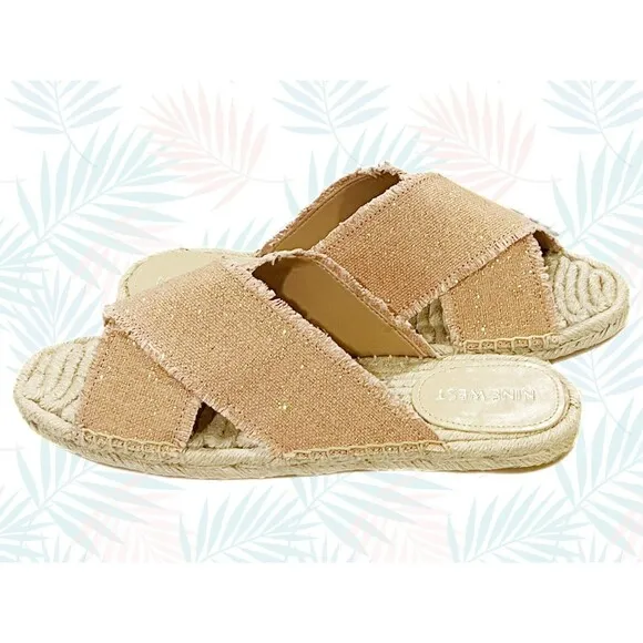 Nine West Espadrille Sandals Criss-Cross Band Blush/Khaki Gold Sparkles  9.5 NWT