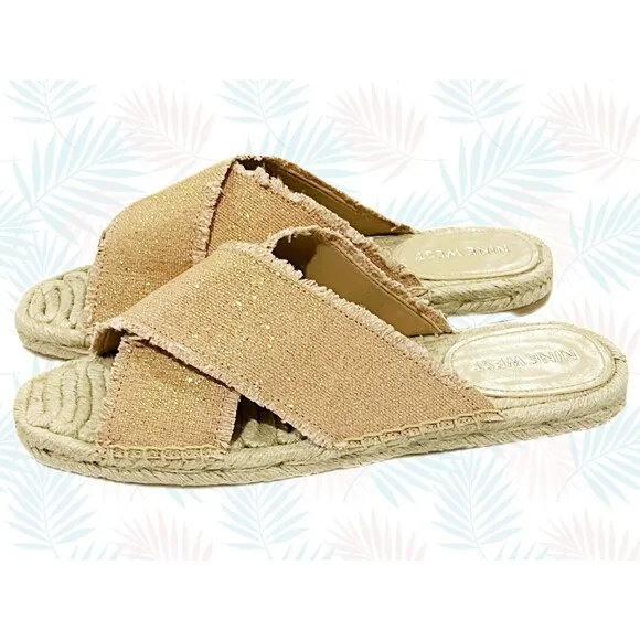 Nine West Espadrille Sandals Criss-Cross Band Blush/Khaki Gold Sparkles  9.5 NWT