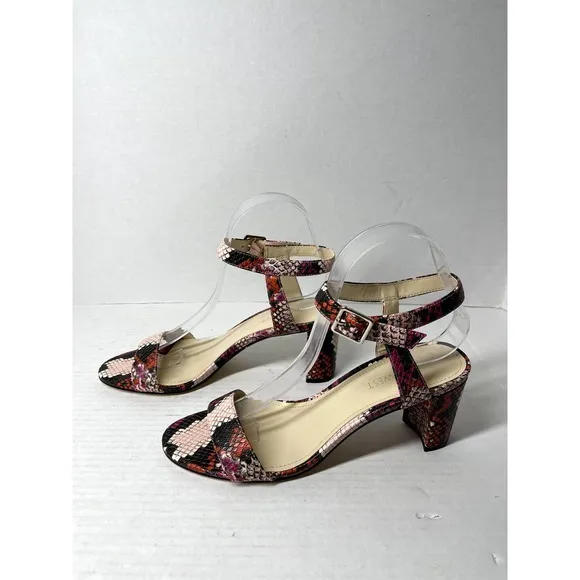 Nine West Pink‎ Faux Crocodile Embossed Pixel Ankle Strap Block Heel Sandals 8M
