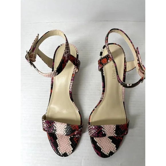 Nine West Pink‎ Faux Crocodile Embossed Pixel Ankle Strap Block Heel Sandals 8M