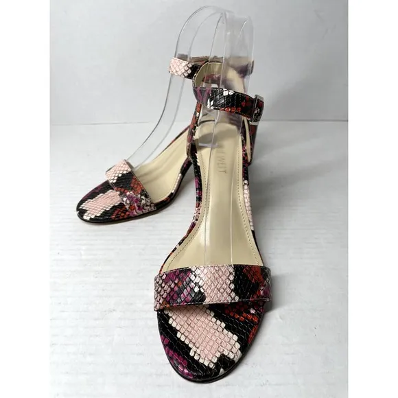 Nine West Pink‎ Faux Crocodile Embossed Pixel Ankle Strap Block Heel Sandals 8M