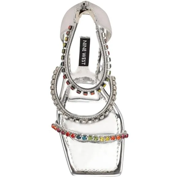 NINE WEST “VAVOOM” SILVER WITH RHINESTONE STRAPS ANKLE WRAP HIGH HEEL SANDALS🆕
