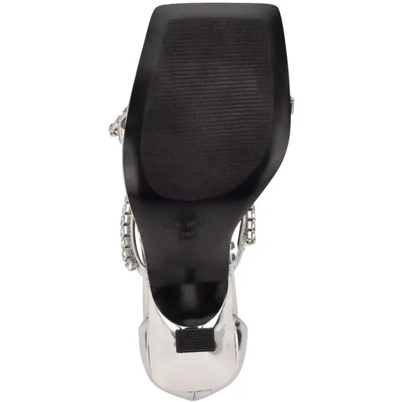 NINE WEST “VAVOOM” SILVER WITH RHINESTONE STRAPS ANKLE WRAP HIGH HEEL SANDALS🆕