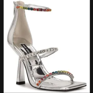 NINE WEST “VAVOOM” SILVER WITH RHINESTONE STRAPS ANKLE WRAP HIGH HEEL SANDALS🆕