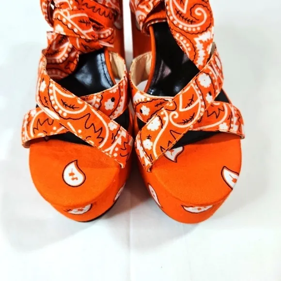 Nn Orange Bandana Scarf Tie Wrap Platform Block Heels Size 10