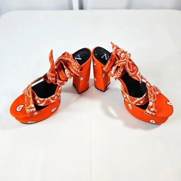 Nn Orange Bandana Scarf Tie Wrap Platform Block Heels Size 10
