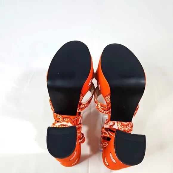 Nn Orange Bandana Scarf Tie Wrap Platform Block Heels Size 10