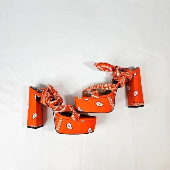 Nn Orange Bandana Scarf Tie Wrap Platform Block Heels Size 10