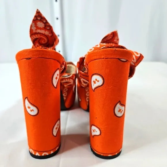 Nn Orange Bandana Scarf Tie Wrap Platform Block Heels Size 10