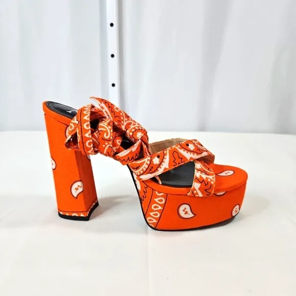 Nn Orange Bandana Scarf Tie Wrap Platform Block Heels Size 10