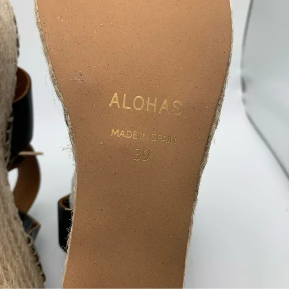NWB Alohas Kailua  Black  Platform Wedge Leather Espadrille Sz 39 /8.5 1699