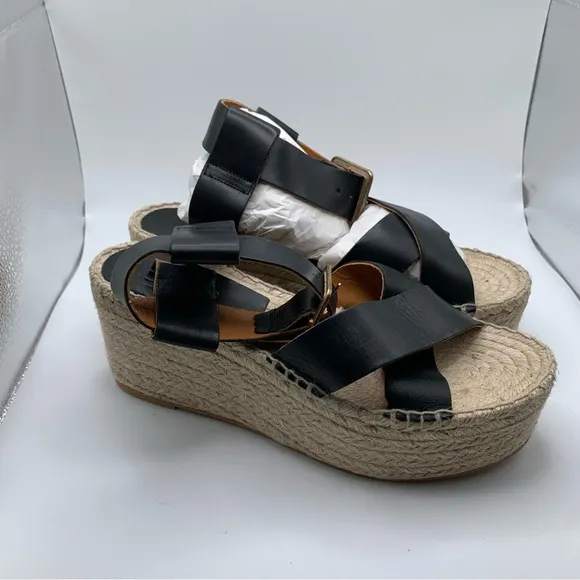 NWB Alohas Kailua  Black  Platform Wedge Leather Espadrille Sz 39 /8.5 1699
