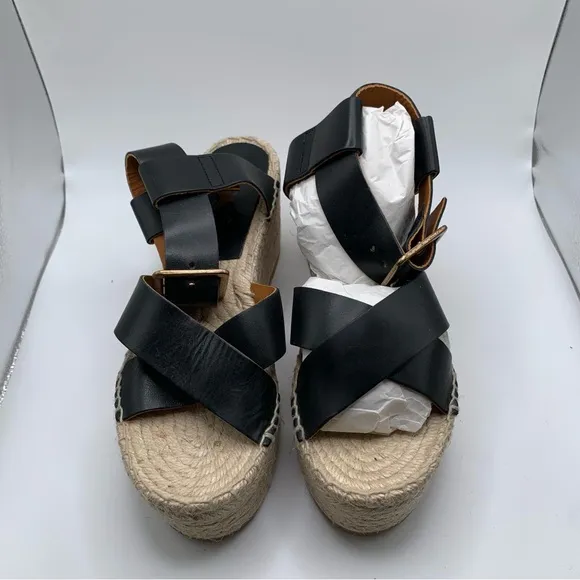 NWB Alohas Kailua  Black  Platform Wedge Leather Espadrille Sz 39 /8.5 1699