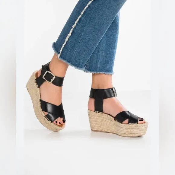 NWB Alohas Kailua  Black  Platform Wedge Leather Espadrille Sz 39 /8.5 1699