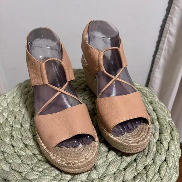 NWOB Eileen Fisher Whim Nude Leather Espadrille Wedge Slip On Sandals