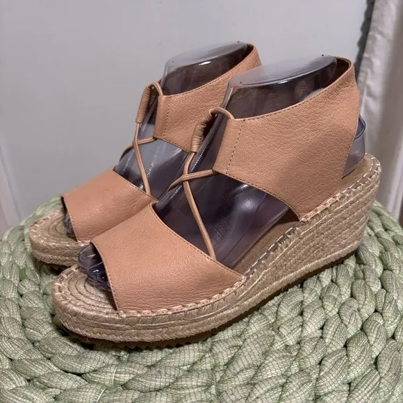 NWOB Eileen Fisher Whim Nude Leather Espadrille Wedge Slip On Sandals