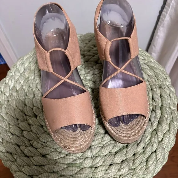 NWOB Eileen Fisher Whim Nude Leather Espadrille Wedge Slip On Sandals