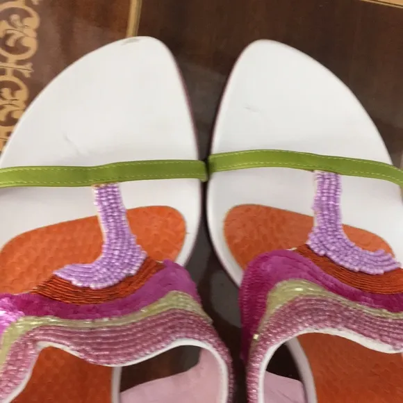 NWOB Escada 37  Beaded exotics slides sandals heels shoes multicolor