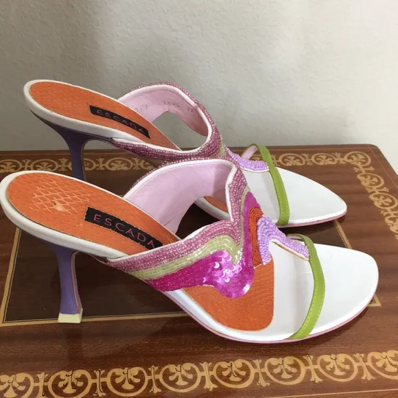NWOB Escada 37  Beaded exotics slides sandals heels shoes multicolor