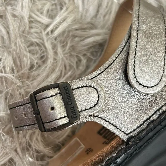 NWOB Finn Comfort Sausalito Leather Adjustable Strap Sandals Silver size 36 US 6