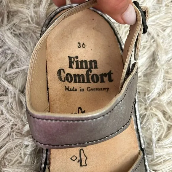 NWOB Finn Comfort Sausalito Leather Adjustable Strap Sandals Silver size 36 US 6