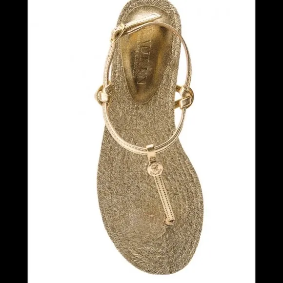 NWOB LAUREN RALPH LAUREN Makayla Flat Espadrille Thong Sandals Gold 5