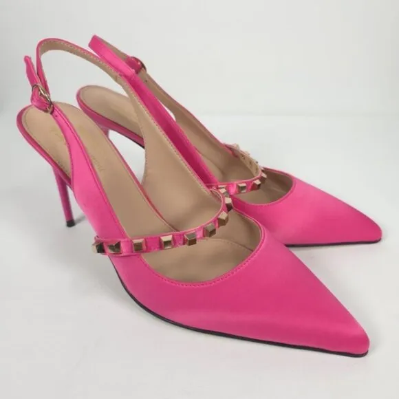 NWOB MEILYGRSS High Quality HANDMADE Metallic Rivets Satin Heels Sandals 9.5