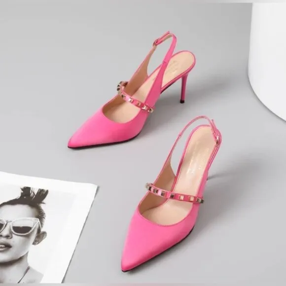 NWOB MEILYGRSS High Quality HANDMADE Metallic Rivets Satin Heels Sandals 9.5