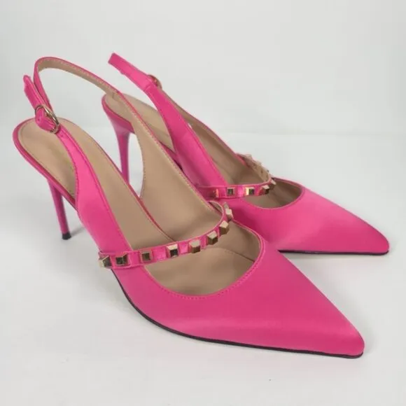 NWOB MEILYGRSS High Quality HANDMADE Metallic Rivets Satin Heels Sandals 9.5