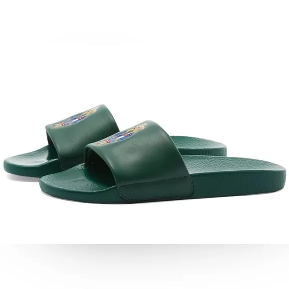 NWOB Polo Ralph Lauren Big Polo Bear Pool Slides Sandals Forest Green