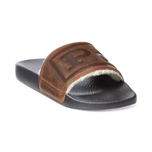 NWOB POLO RALPH LAUREN MEN'S SANDALS Suede Sherpa Lined Logo Slide SNUFF CAYSON