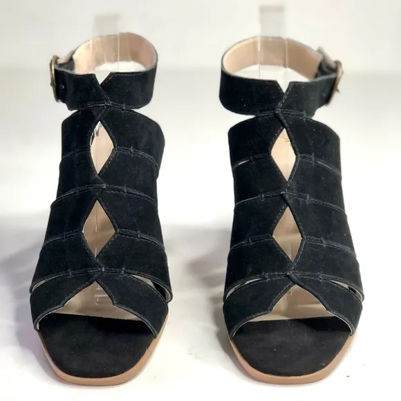 NWOB Seychelles black suede sandals block heel diamond cutouts ankle strap 10