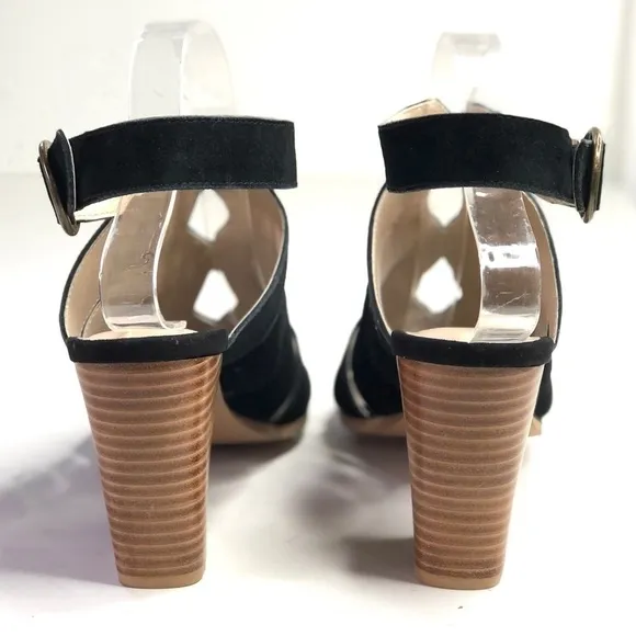 NWOB Seychelles black suede sandals block heel diamond cutouts ankle strap 10