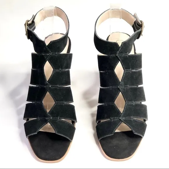 NWOB Seychelles black suede sandals block heel diamond cutouts ankle strap 10