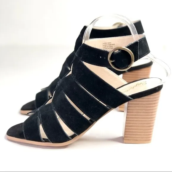NWOB Seychelles black suede sandals block heel diamond cutouts ankle strap 10