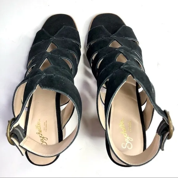 NWOB Seychelles black suede sandals block heel diamond cutouts ankle strap 10