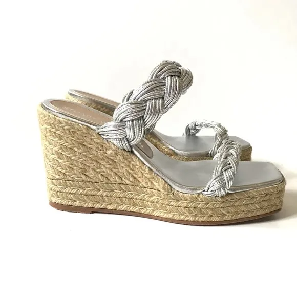 NWOB Stuart Weitzman Braida Espadrille Wedge Sandals Womens 11 Metallic Silver