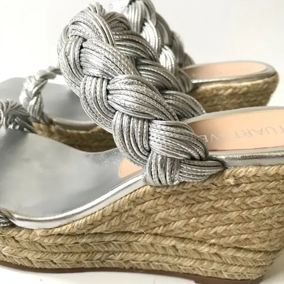NWOB Stuart Weitzman Braida Espadrille Wedge Sandals Womens 11 Metallic Silver