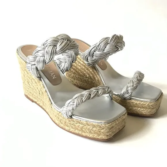 NWOB Stuart Weitzman Braida Espadrille Wedge Sandals Womens 11 Metallic Silver