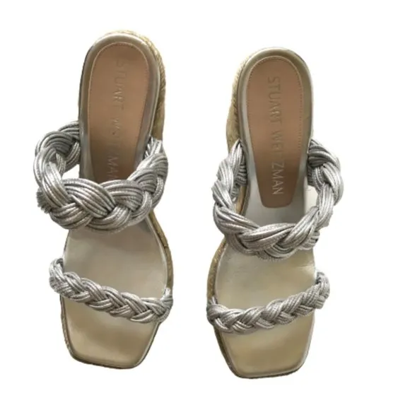 NWOB Stuart Weitzman Braida Espadrille Wedge Sandals Womens 11 Metallic Silver