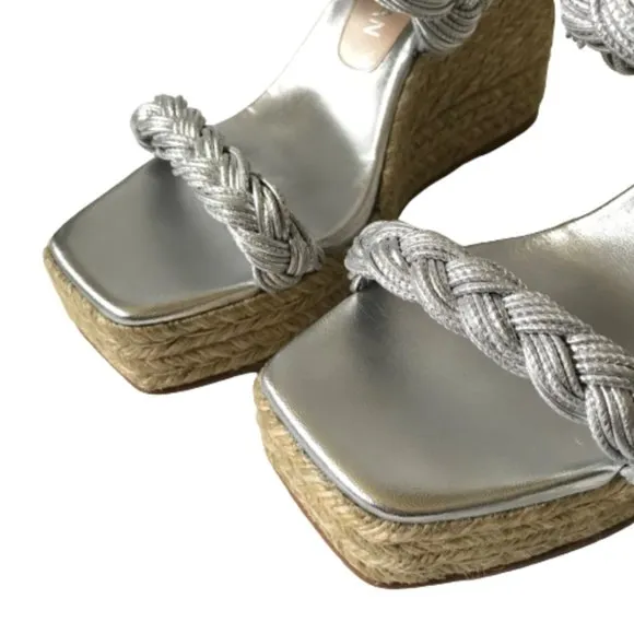 NWOB Stuart Weitzman Braida Espadrille Wedge Sandals Womens 11 Metallic Silver