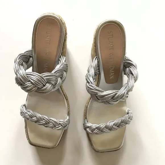 NWOB Stuart Weitzman Braida Espadrille Wedge Sandals Womens 11 Metallic Silver