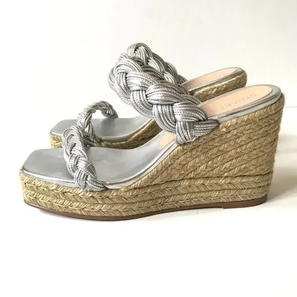 NWOB Stuart Weitzman Braida Espadrille Wedge Sandals Womens 11 Metallic Silver