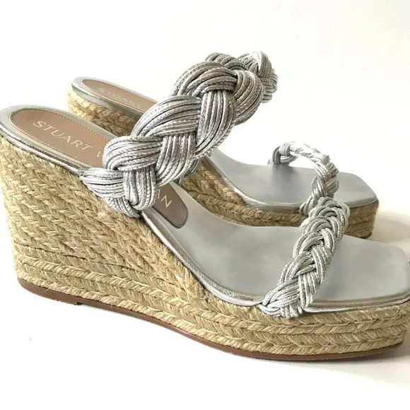 NWOB Stuart Weitzman Braida Espadrille Wedge Sandals Womens 11 Metallic Silver