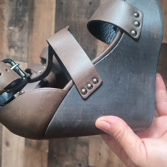 NWOT All Saints Rotchko Wedge Brown Leather Wooden Platform Sandals Sz 7.5 EU 38