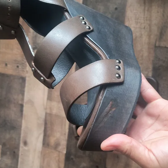 NWOT All Saints Rotchko Wedge Brown Leather Wooden Platform Sandals Sz 7.5 EU 38