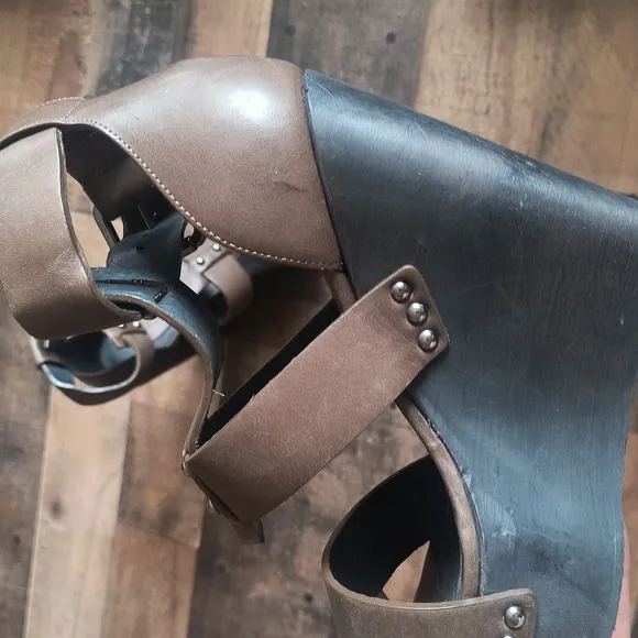 NWOT All Saints Rotchko Wedge Brown Leather Wooden Platform Sandals Sz 7.5 EU 38