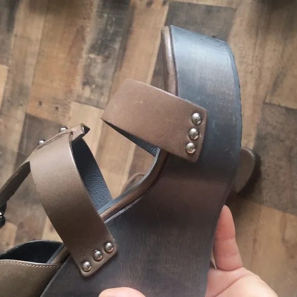 NWOT All Saints Rotchko Wedge Brown Leather Wooden Platform Sandals Sz 7.5 EU 38