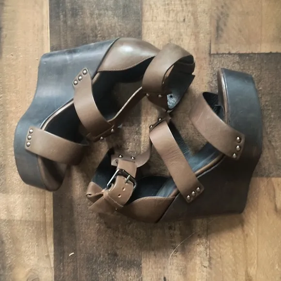 NWOT All Saints Rotchko Wedge Brown Leather Wooden Platform Sandals Sz 7.5 EU 38